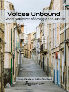 Voices unbound textbook cover showing a narrow ally and tall houses