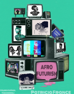 cover of afrofuturism text with tv monitors on it