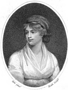 Black and white drawing of Mary Wollstonecraft in dress appropriate for 1797