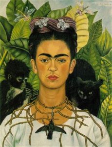 Self-portrait of Frida Kahlo wearing a necklace of thorns and a black monkey and cat on her shoulders surrounded by tropical green leaves