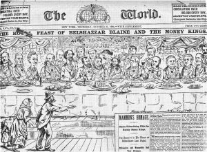 A newspaper with a cartoon of people at a table