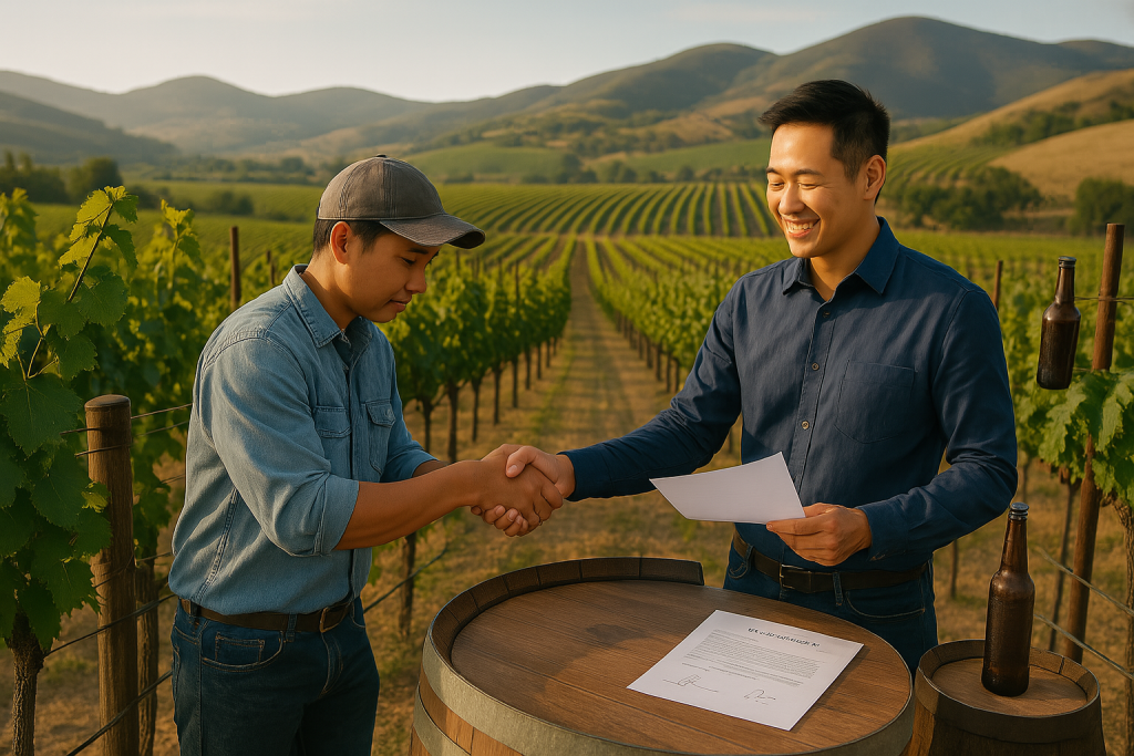 Two Asian brothers stand in a vineyard on California’s Central Coast, shaking hands beside a signed partnership agreement on a wine barrel. One brother holds a paper, while beer bottles and green vines frame the golden landscape behind them.