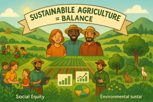 A vibrant, semi-realistic illustration of a sunlit green valley divided into three sections to represent sustainable agriculture. On the left, diverse people of various ages and genders work together on a farm, symbolizing social equity. In the center, a tech-savvy farmer uses a tablet with floating data charts above well-organized rows of crops, representing economic sustainability. On the right, natural elements like trees, wildflowers, a rabbit, and a white bird surround a farmer with a clipboard, symbolizing environmental sustainability. Above the valley, three smiling farmers (Elena, Raj, and Mateo) stand side by side under a banner that reads: “SUSTAINABLE AGRICULTURE = BALANCE.”