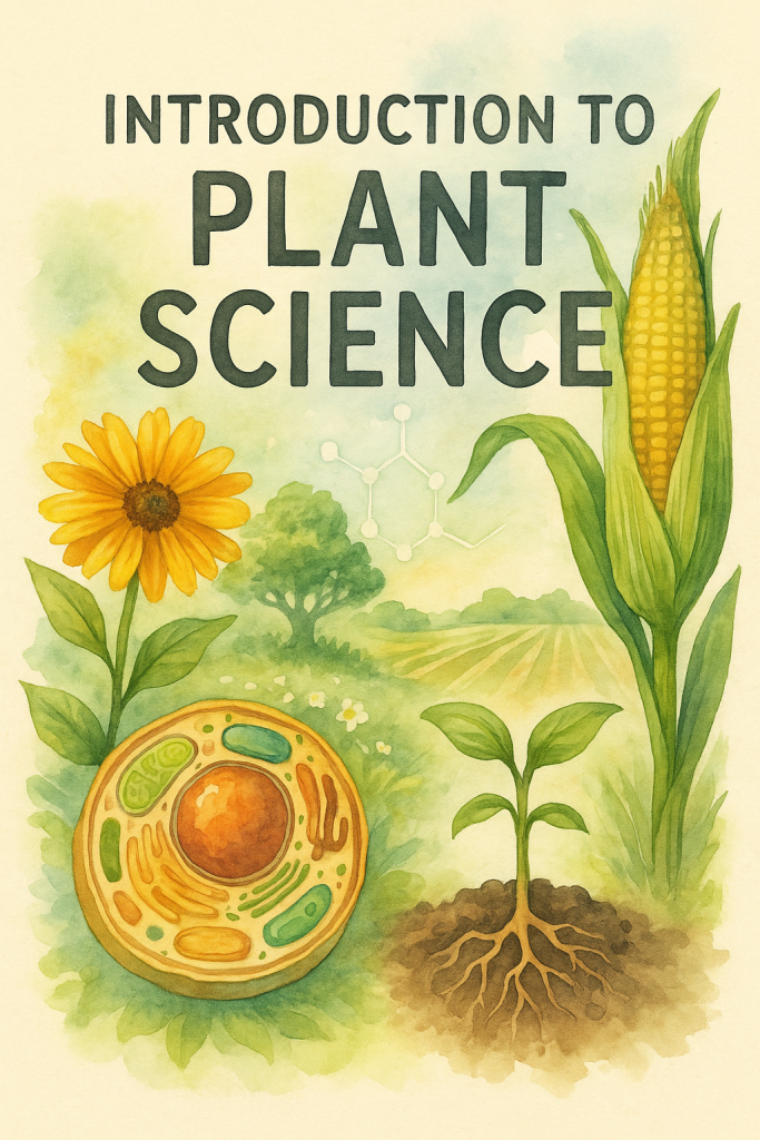 Artistic digital watercolor cover showing a sunflower, a corn stalk, a stylized plant-cell cross-section, and a young seedling with roots, set against a soft landscape of fields, trees, and faint molecular diagrams.