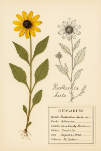 herbarium sheet displaying a pressed specimen of Rudbeckia hirta L. (black-eyed Susan) with its stem and leaves arranged diagonally across an off-white background. A pencil botanical sketch of the flower and a leaf appears in the upper right, and a rectangular collector’s label in the lower right lists the species name, location (“Southern Wisconsin, Dane Co.”), habitat (“Roadside”), and collection date (“July 21, 1957”).